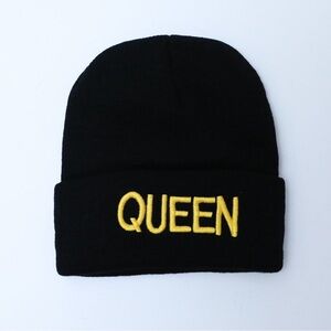 Queen black embroidered beanie knit hat streetwear indie yellow text warm winter